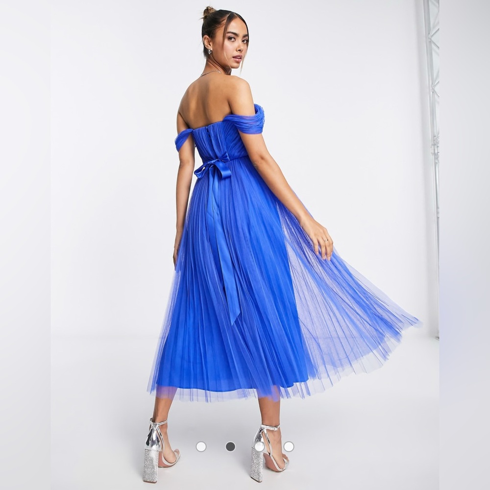 ASOS DESIGN Off-Shoulder Tulle Midi Dress – Cobalt Blue, Size 12